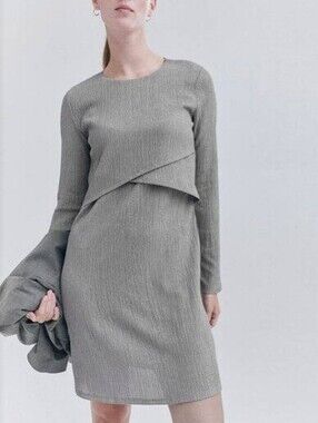 Sz S H&M Mama Maternity Grey Crinkled Long-Sleeve Layered Nursing Dress